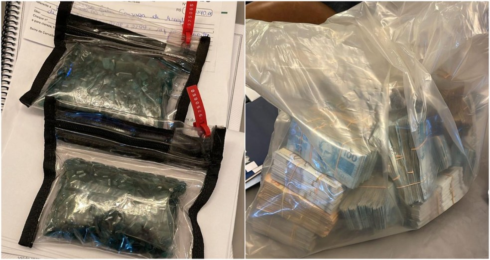 Pacote de esmeraldas e de dinheiro apreendidos na operação do MP — Foto: Reprodução/TV Globo