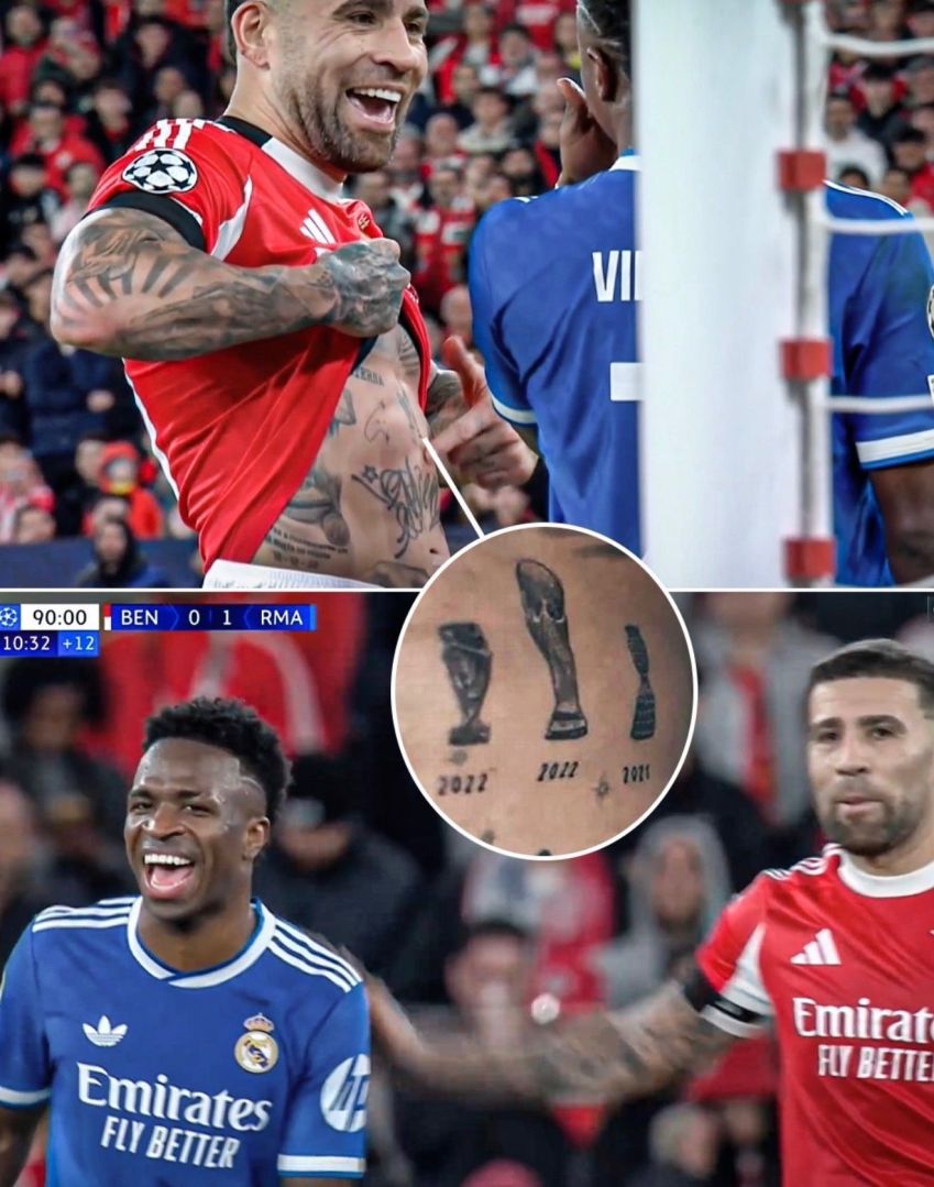 Otamendi mostra tatuagens em forma de provocação contra Vini Jr. • Reprodução/@MadridXtra