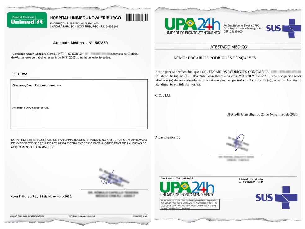 Atestados online falsos para dois pacientes fictícios: teste feito por sindicato — Foto: Reprodução