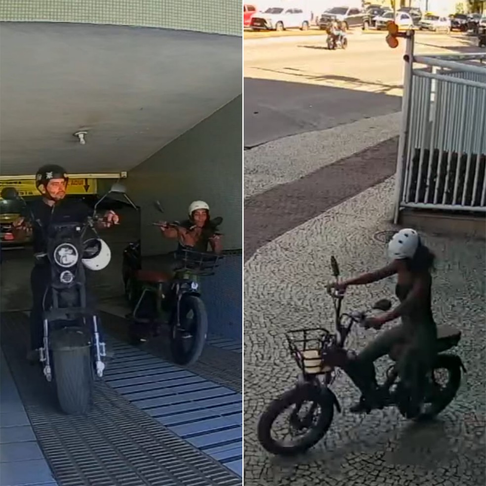 Homem saiu com o ciclomotor, e mulher levou a bicicleta elétrica furtada — Foto: Reprodução