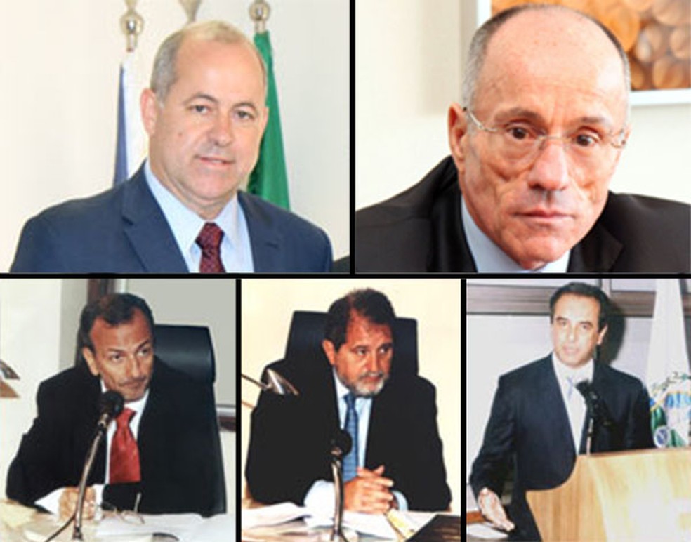 Do topo, da esquerda para a direita: Domingos Brazão, Aloysio Neves, Marco Antônio Alencar, José Maurício Nolasco e José Gomes Graciosa  — Foto: TCE-RJ