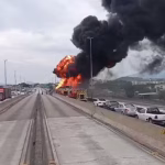 Carreta com combustível pega fogo na Avenida Brasil e interdita pistas na Zona Norte do Rio
