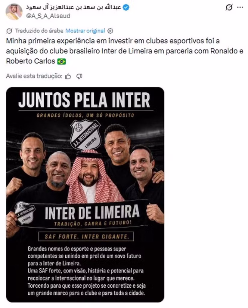Príncipe saudita anuncia parceria com Ronaldo e Roberto Carlos em projeto da SAF da Inter de Limeira