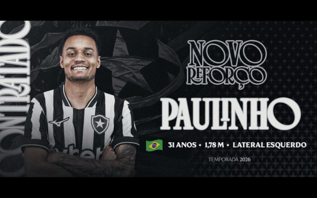 Botafogo fecha com lateral-esquerdo Paulinho até 2028 e ganha primeiro reforço para a sequência da temporada